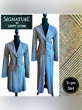 Plaid Blazer, Skirt, Pants 3-Piece Set Black White Rose-Pink (6)